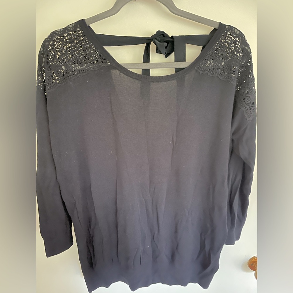 Club Monaco sweater with sweet crochet and bow detail